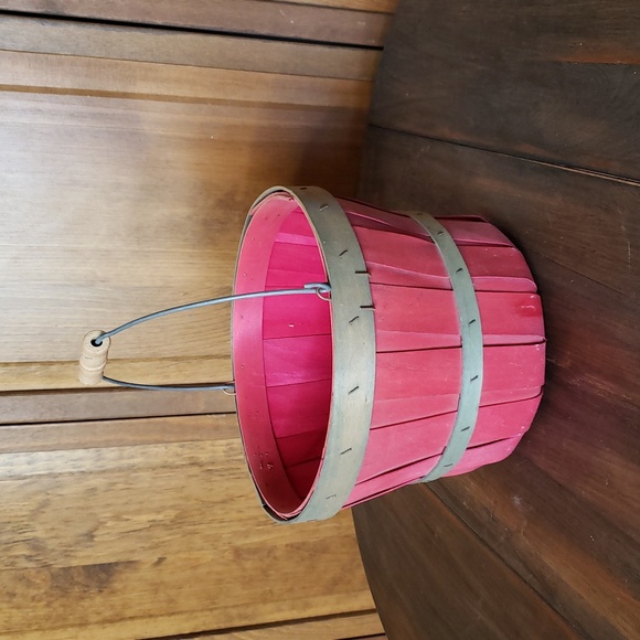 Vintage Red Wooden Split Slat Basket with Wood and Metal Handle - Picture 2 of 5